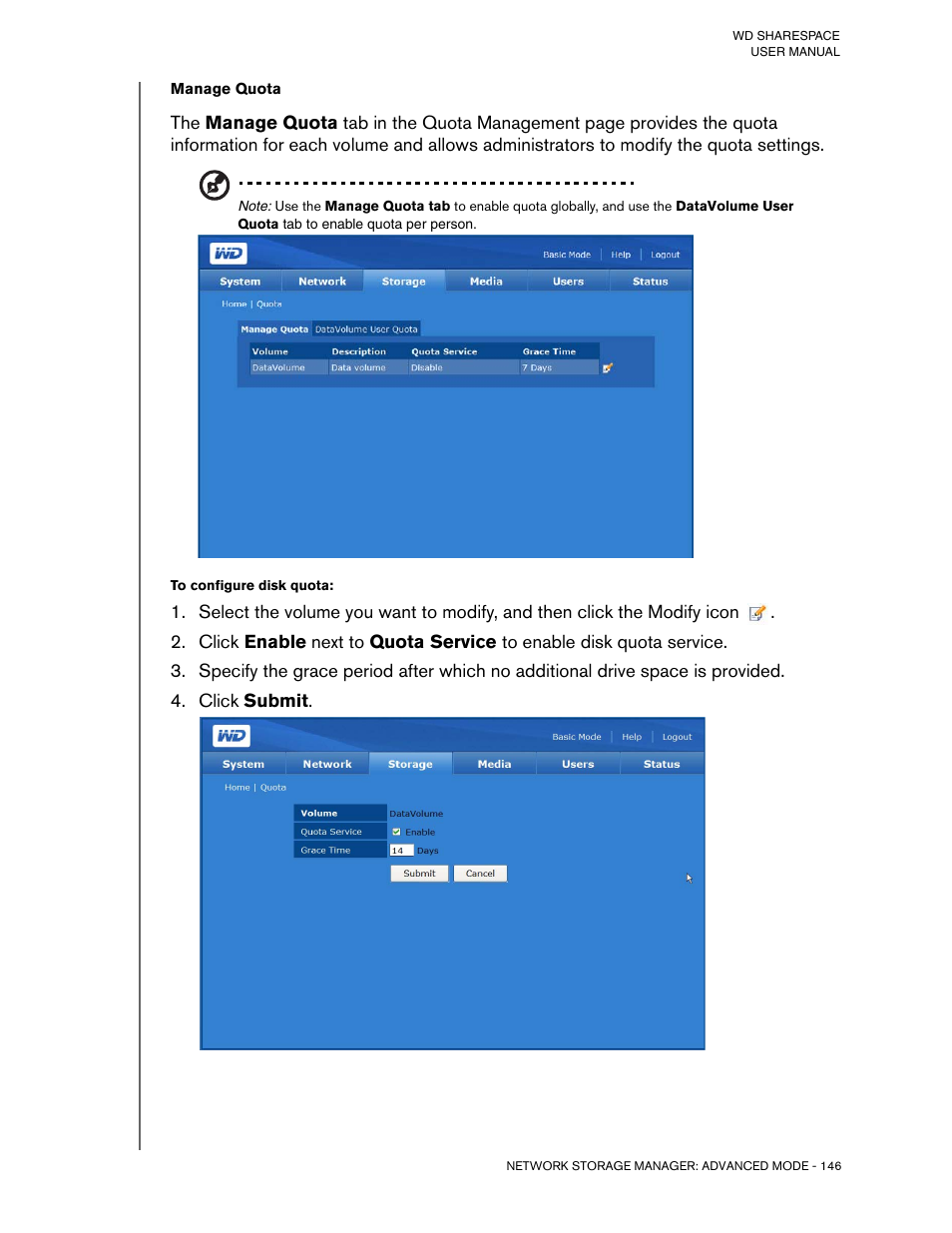 To configure disk quota, Click submit | Western Digital WD ShareSpace User Manual User Manual | Page 151 / 207