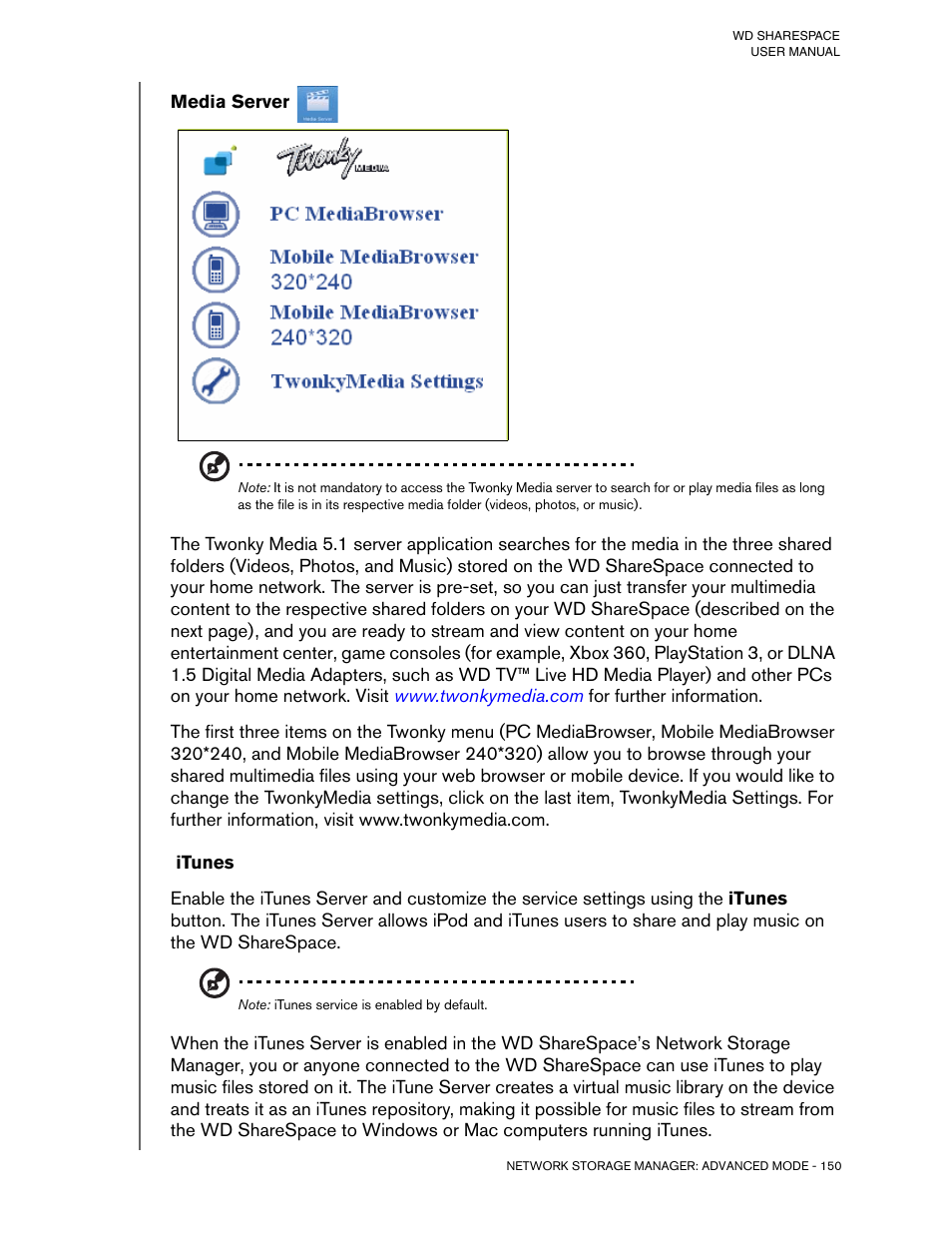 Media server, Itunes | Western Digital WD ShareSpace User Manual User Manual | Page 155 / 207