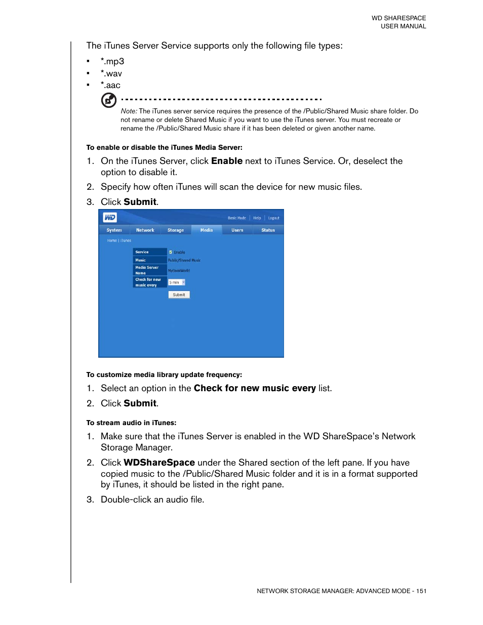 To enable or disable the itunes media server, Click submit, To customize media library update frequency | To stream audio in itunes, Double-click an audio file | Western Digital WD ShareSpace User Manual User Manual | Page 156 / 207