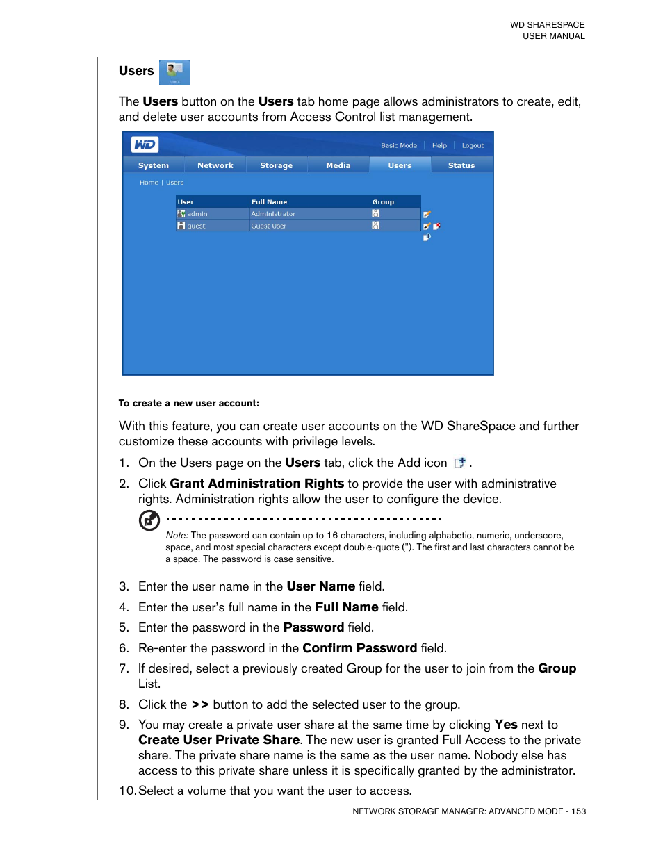 Users, To create a new user account, Enter the user name in the user name field | Enter the user’s full name in the full name field, Enter the password in the password field, Select a volume that you want the user to access | Western Digital WD ShareSpace User Manual User Manual | Page 158 / 207