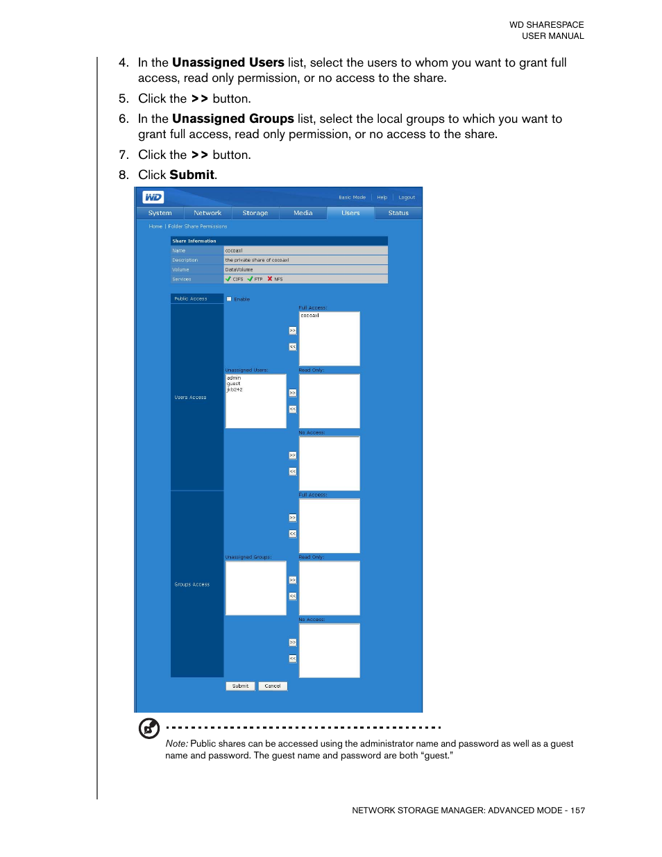 Click the >> button, Click submit | Western Digital WD ShareSpace User Manual User Manual | Page 162 / 207