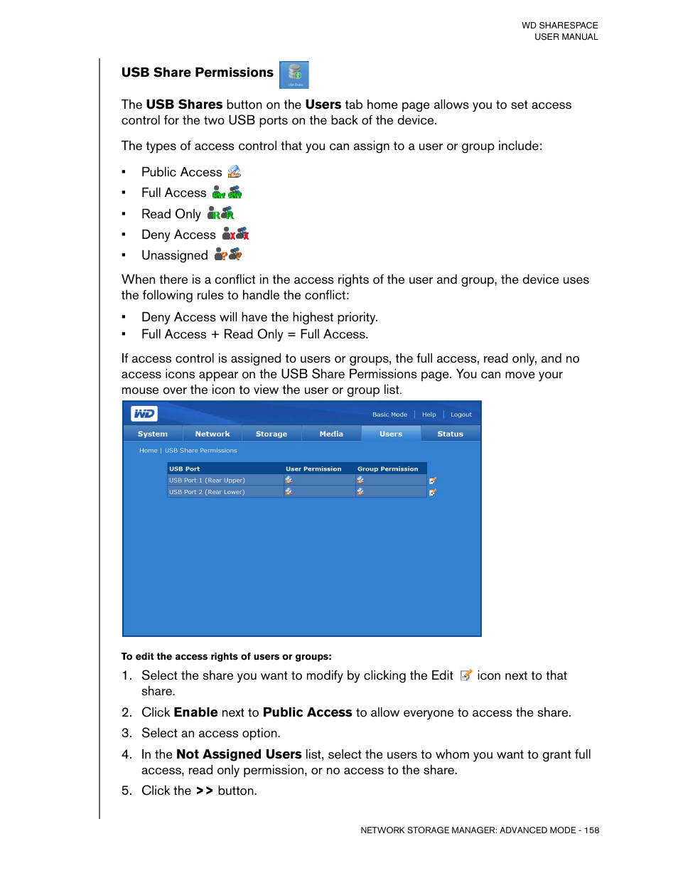 Usb share permissions, To edit the access rights of users or groups, Select an access option | Click the >> button | Western Digital WD ShareSpace User Manual User Manual | Page 163 / 207