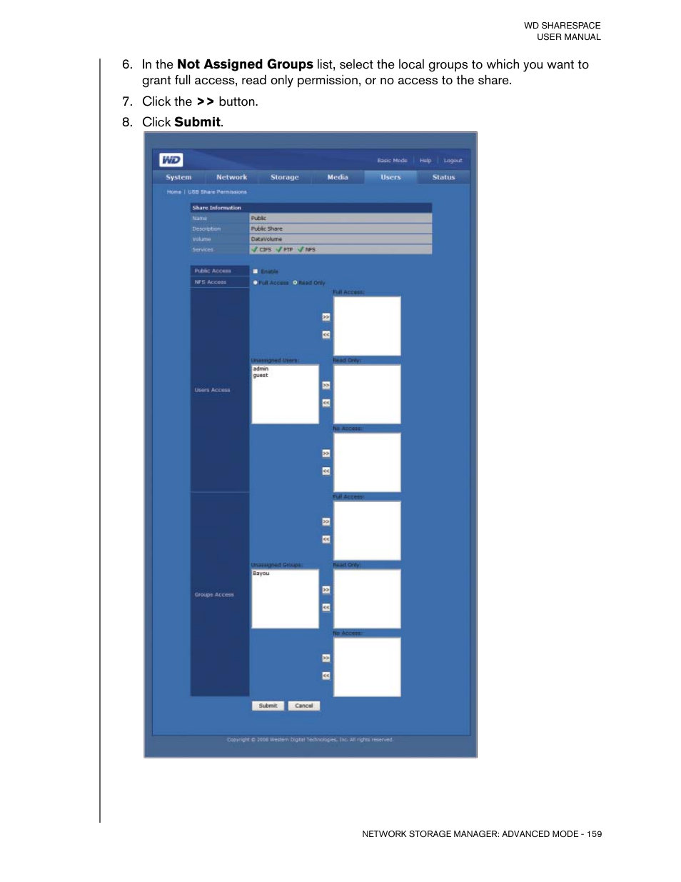 Click the >> button, Click submit | Western Digital WD ShareSpace User Manual User Manual | Page 164 / 207