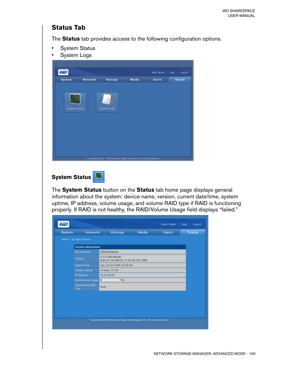 Status tab, System status | Western Digital WD ShareSpace User Manual User Manual | Page 165 / 207