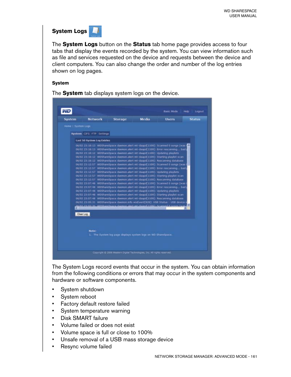 System logs | Western Digital WD ShareSpace User Manual User Manual | Page 166 / 207