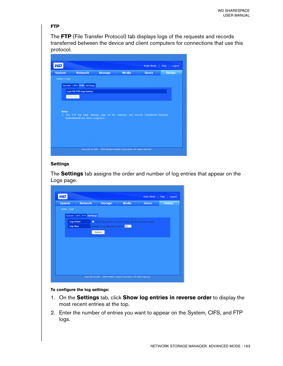 To configure the log settings | Western Digital WD ShareSpace User Manual User Manual | Page 168 / 207