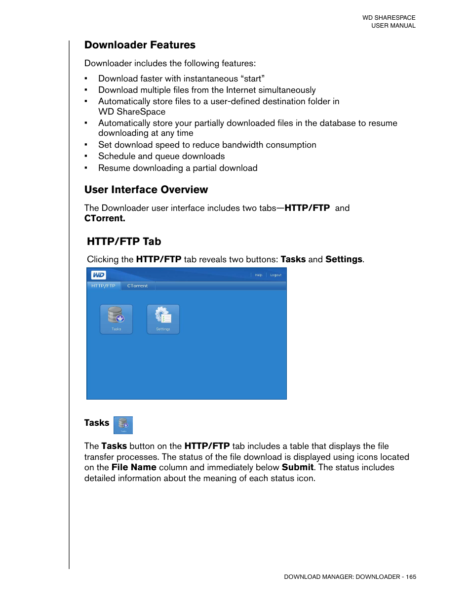 Downloader features, User interface overview, Http/ftp tab | Tasks | Western Digital WD ShareSpace User Manual User Manual | Page 170 / 207
