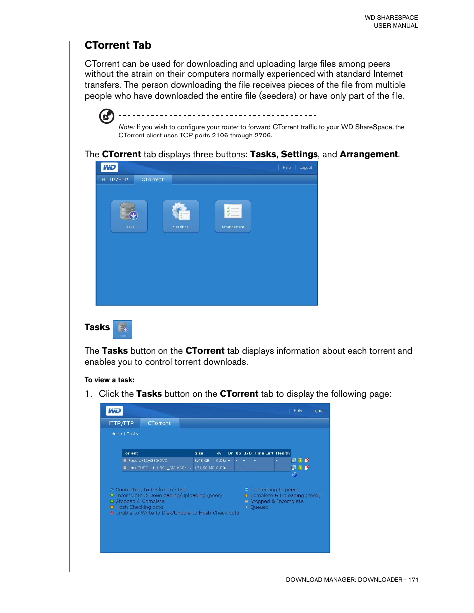 Ctorrent tab, Tasks, To view a task | Western Digital WD ShareSpace User Manual User Manual | Page 176 / 207