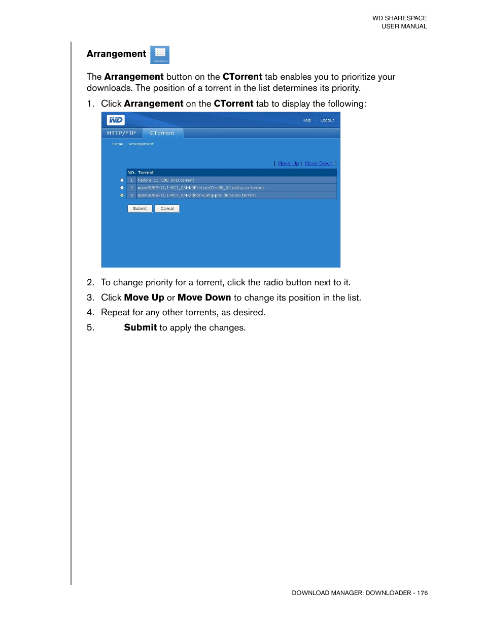 Arrangement, Repeat for any other torrents, as desired, Click submit to apply the changes | Western Digital WD ShareSpace User Manual User Manual | Page 181 / 207