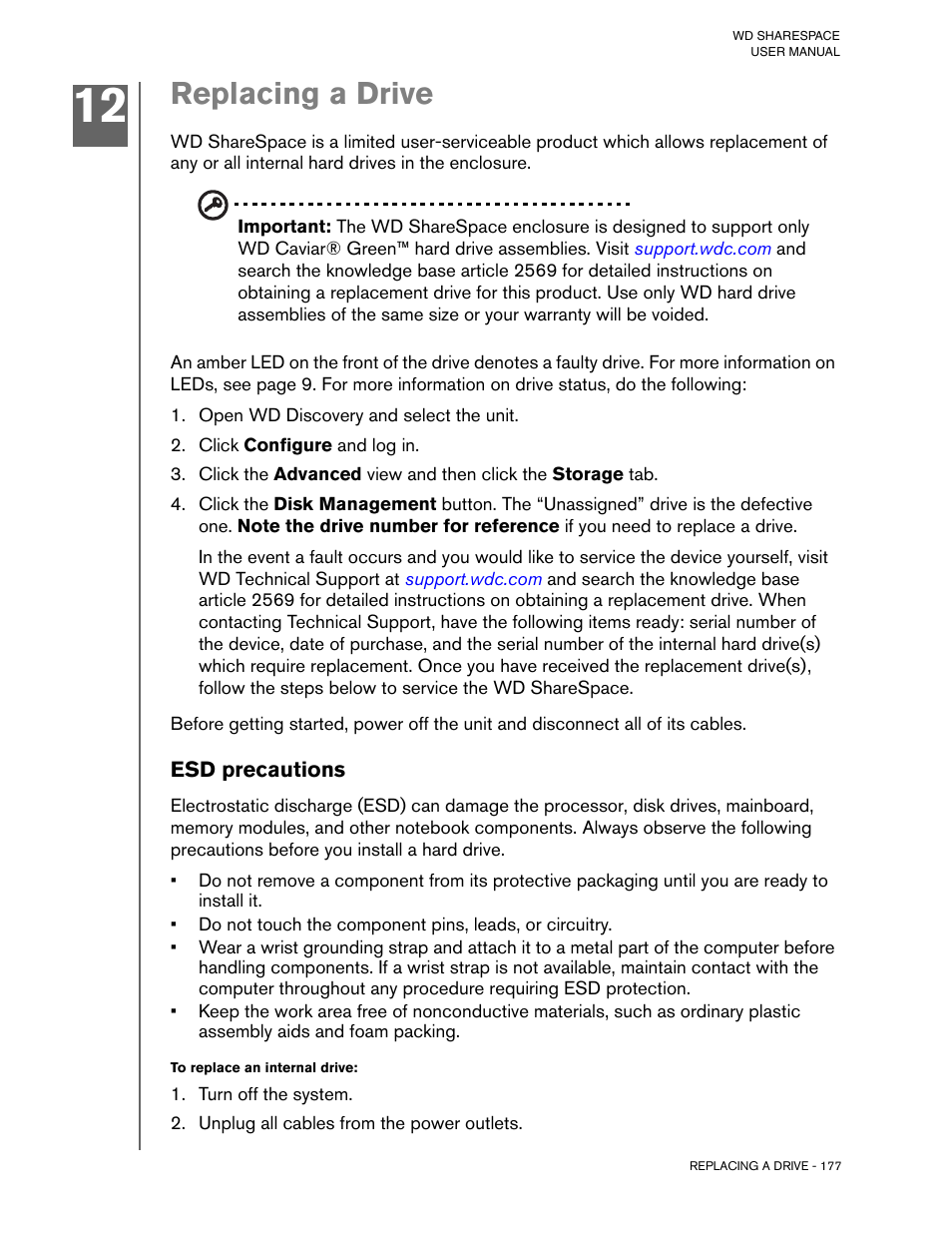 Replacing a drive, Open wd discovery and select the unit, Click configure and log in | Esd precautions, To replace an internal drive, Turn off the system, Unplug all cables from the power outlets | Western Digital WD ShareSpace User Manual User Manual | Page 182 / 207