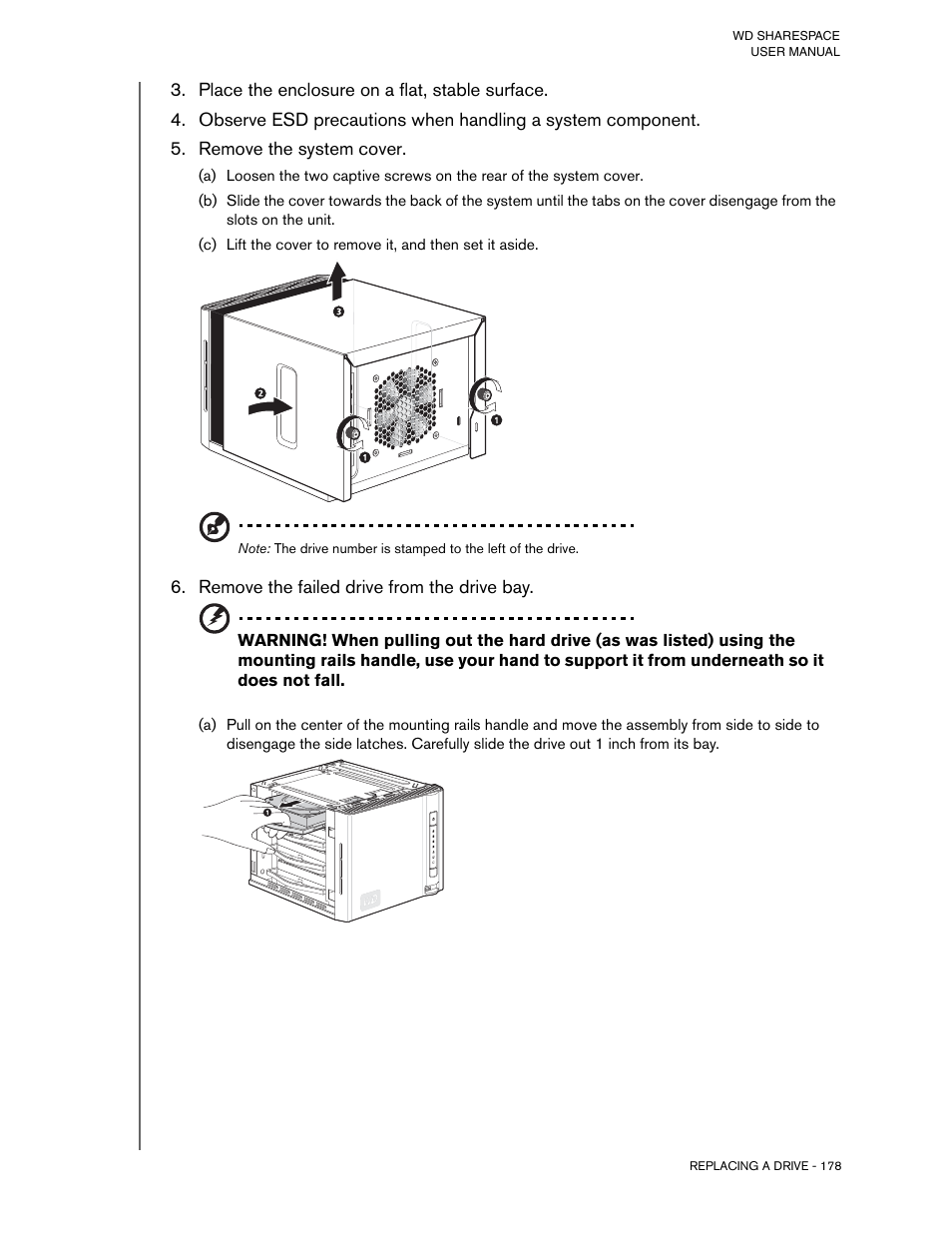 Place the enclosure on a flat, stable surface, Remove the system cover, Remove the failed drive from the drive bay | Western Digital WD ShareSpace User Manual User Manual | Page 183 / 207