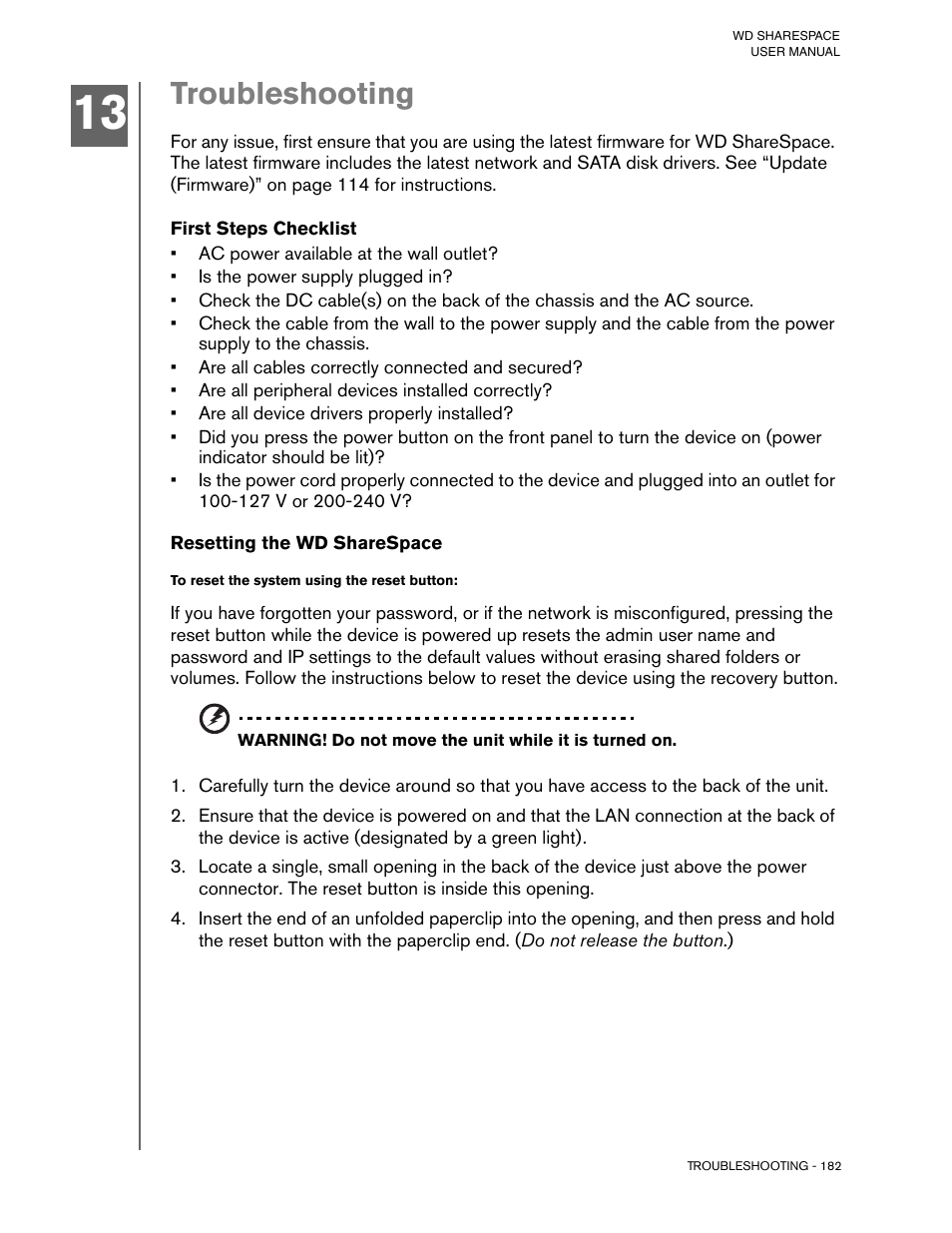 Troubleshooting, First steps checklist, Resetting the wd sharespace | To reset the system using the reset button | Western Digital WD ShareSpace User Manual User Manual | Page 187 / 207