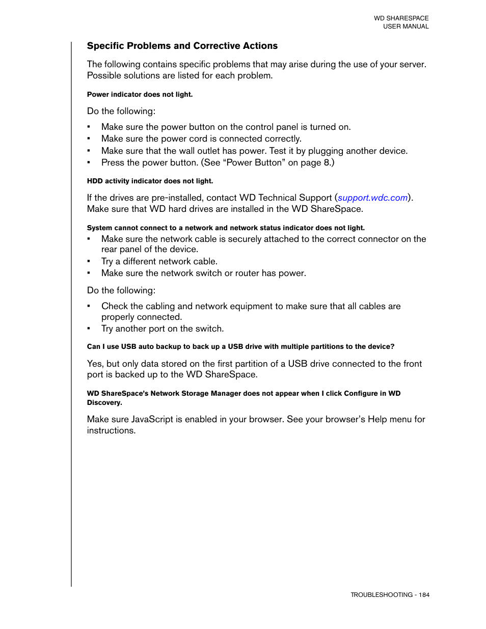 Specific problems and corrective actions, Power indicator does not light, Hdd activity indicator does not light | Western Digital WD ShareSpace User Manual User Manual | Page 189 / 207