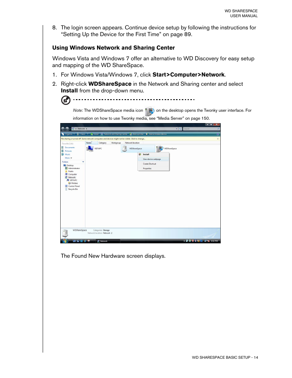 Using windows network and sharing center | Western Digital WD ShareSpace User Manual User Manual | Page 19 / 207