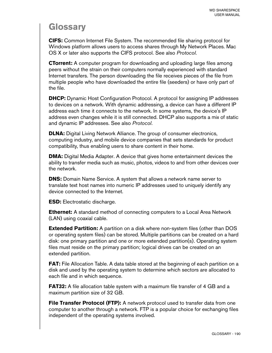 Glossary | Western Digital WD ShareSpace User Manual User Manual | Page 195 / 207