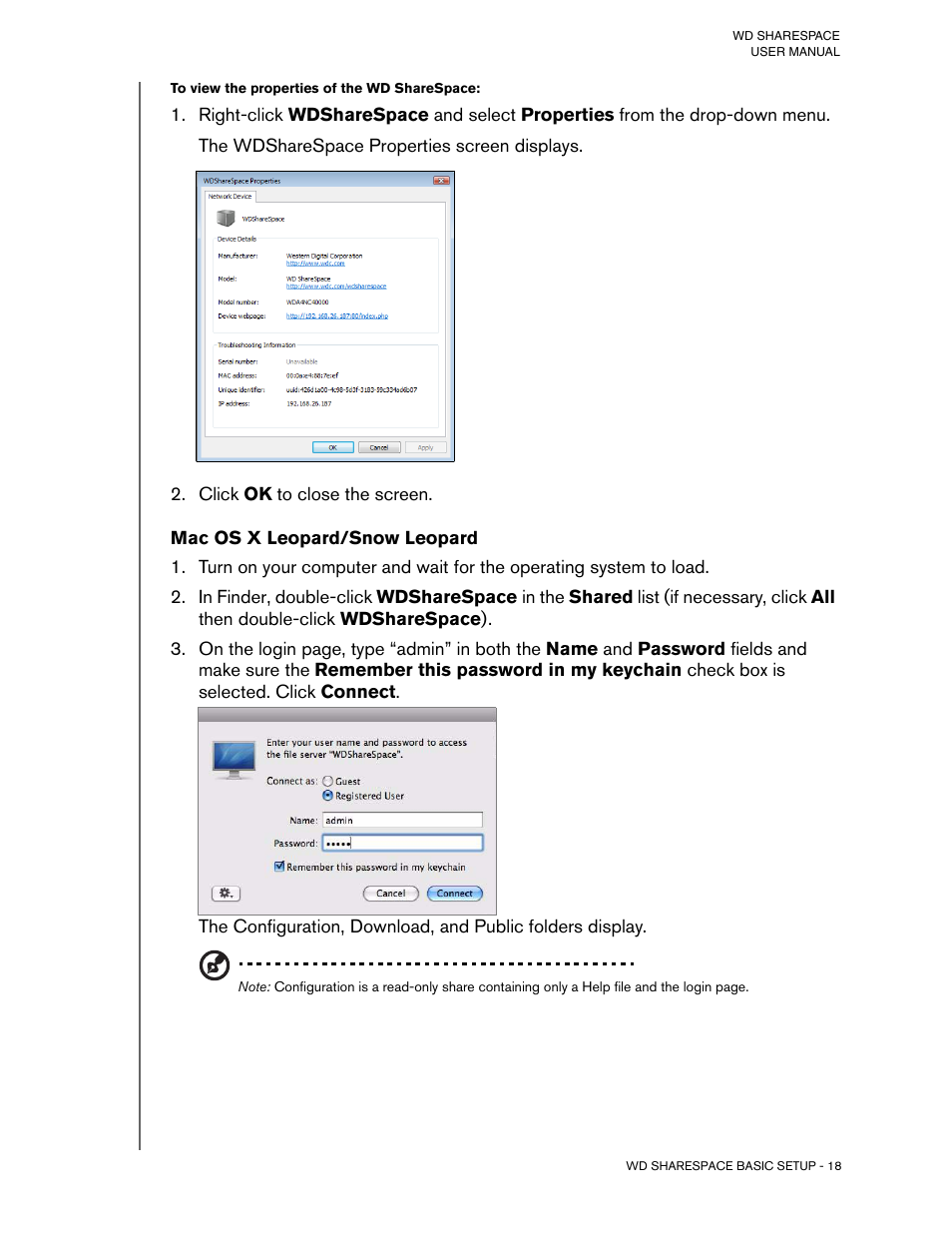 To view the properties of the wd sharespace, Click ok to close the screen, Mac os x leopard/snow leopard | Western Digital WD ShareSpace User Manual User Manual | Page 23 / 207