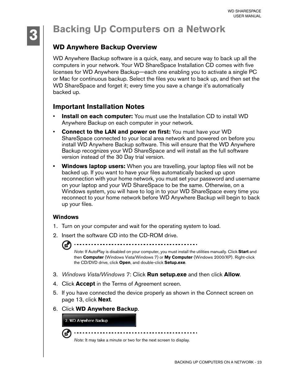 Backing up computers on a network, Wd anywhere backup overview, Important installation notes | Windows, Insert the software cd into the cd-rom drive, Click accept in the terms of agreement screen, Click wd anywhere backup | Western Digital WD ShareSpace User Manual User Manual | Page 28 / 207