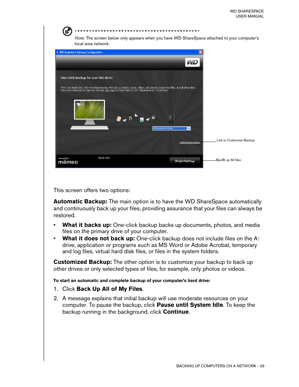 Click back up all of my files | Western Digital WD ShareSpace User Manual User Manual | Page 34 / 207