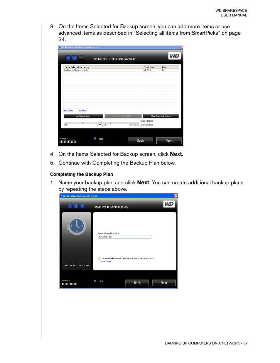 Continue with completing the backup plan below | Western Digital WD ShareSpace User Manual User Manual | Page 42 / 207