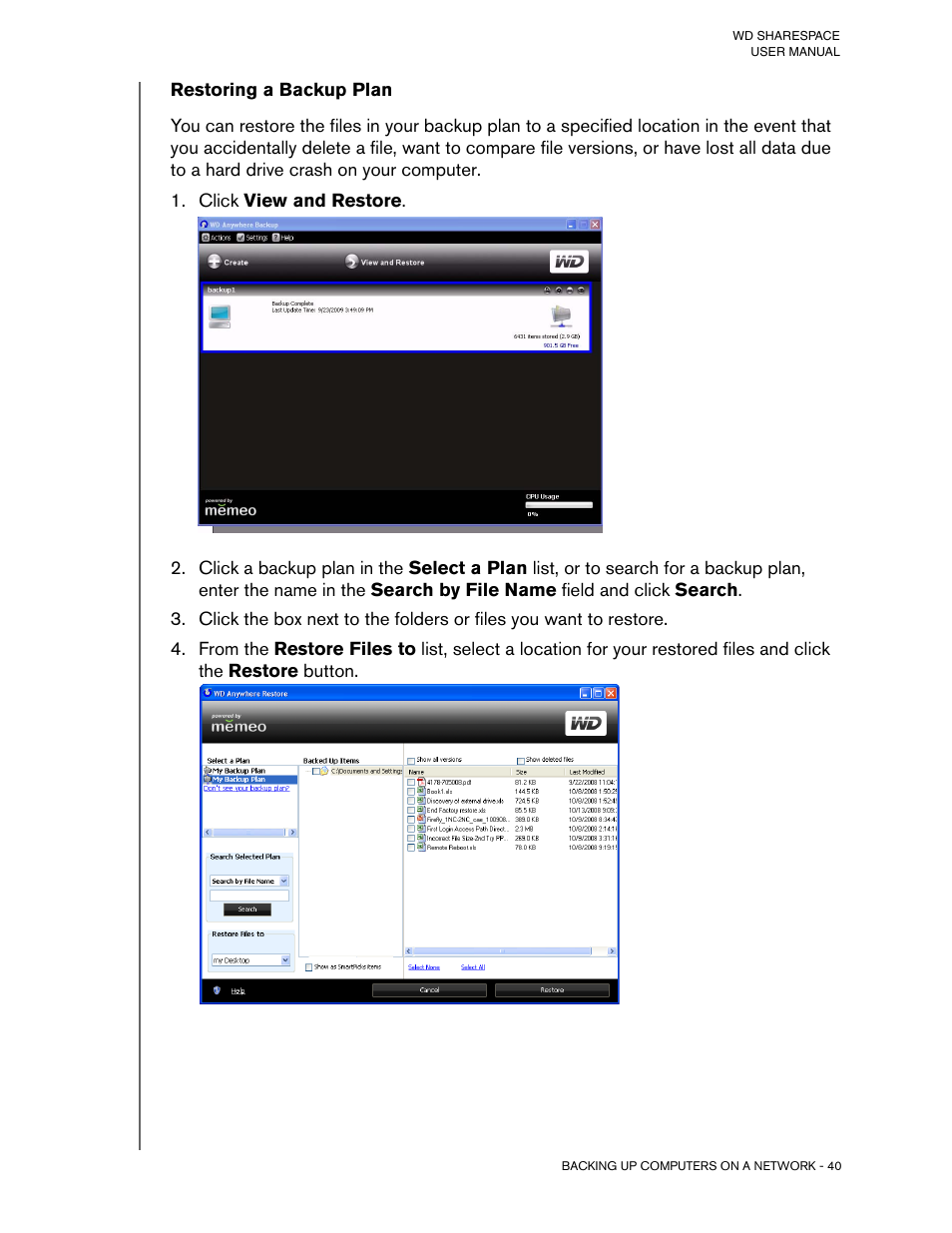Restoring a backup plan, Click view and restore | Western Digital WD ShareSpace User Manual User Manual | Page 45 / 207