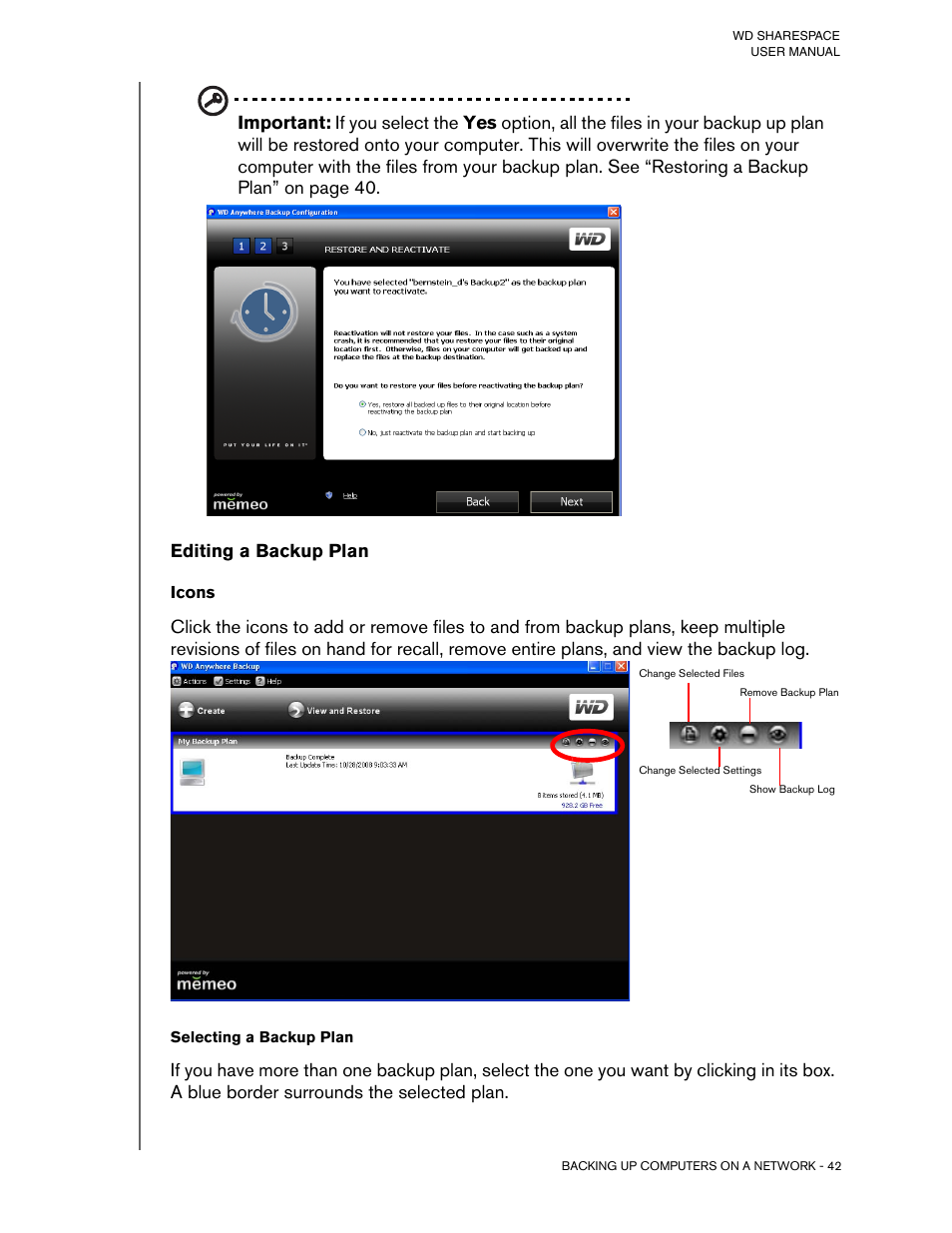 Editing a backup plan, Icons | Western Digital WD ShareSpace User Manual User Manual | Page 47 / 207