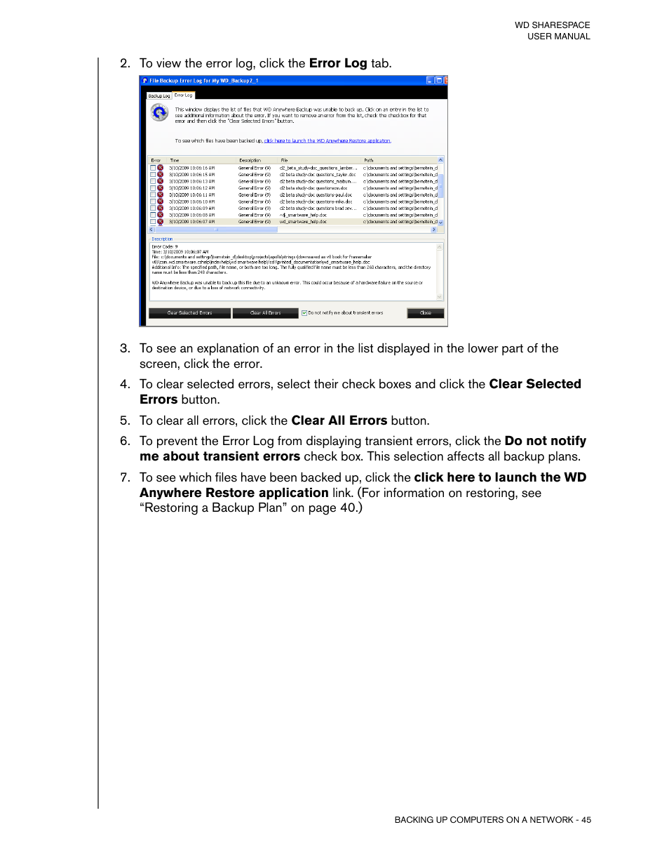 To view the error log, click the error log tab | Western Digital WD ShareSpace User Manual User Manual | Page 50 / 207