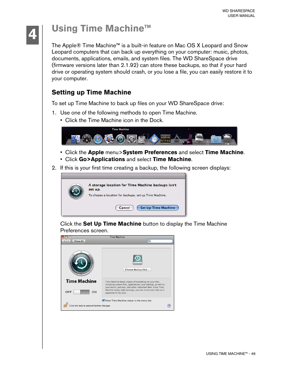 Using time machine, Setting up time machine | Western Digital WD ShareSpace User Manual User Manual | Page 51 / 207