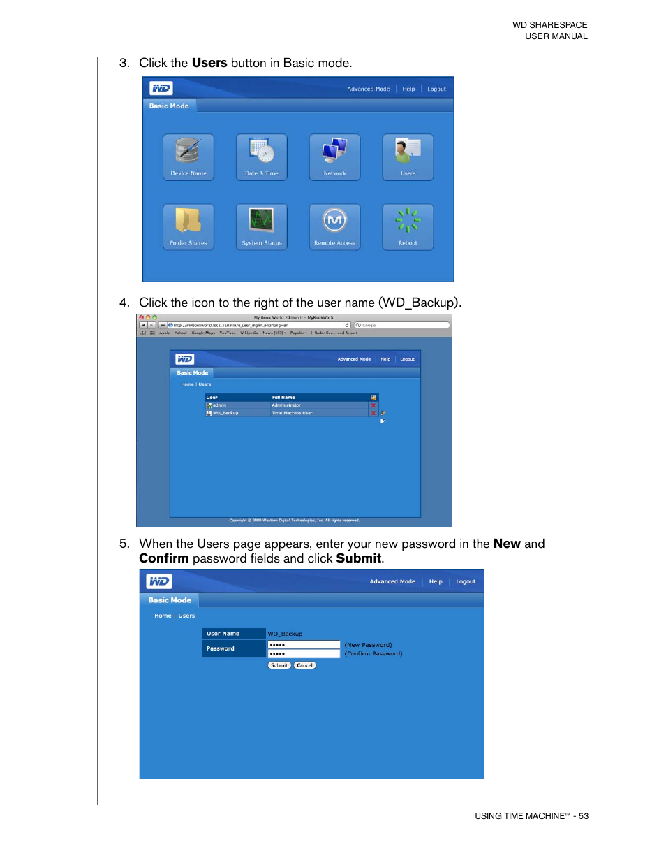 Click the users button in basic mode | Western Digital WD ShareSpace User Manual User Manual | Page 58 / 207