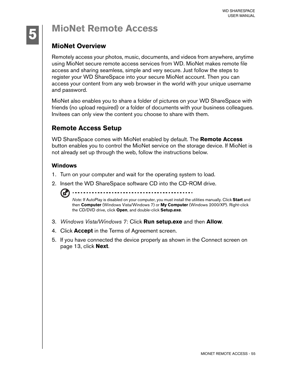 Mionet remote access, Mionet overview, Remote access setup | Windows, Click accept in the terms of agreement screen | Western Digital WD ShareSpace User Manual User Manual | Page 60 / 207