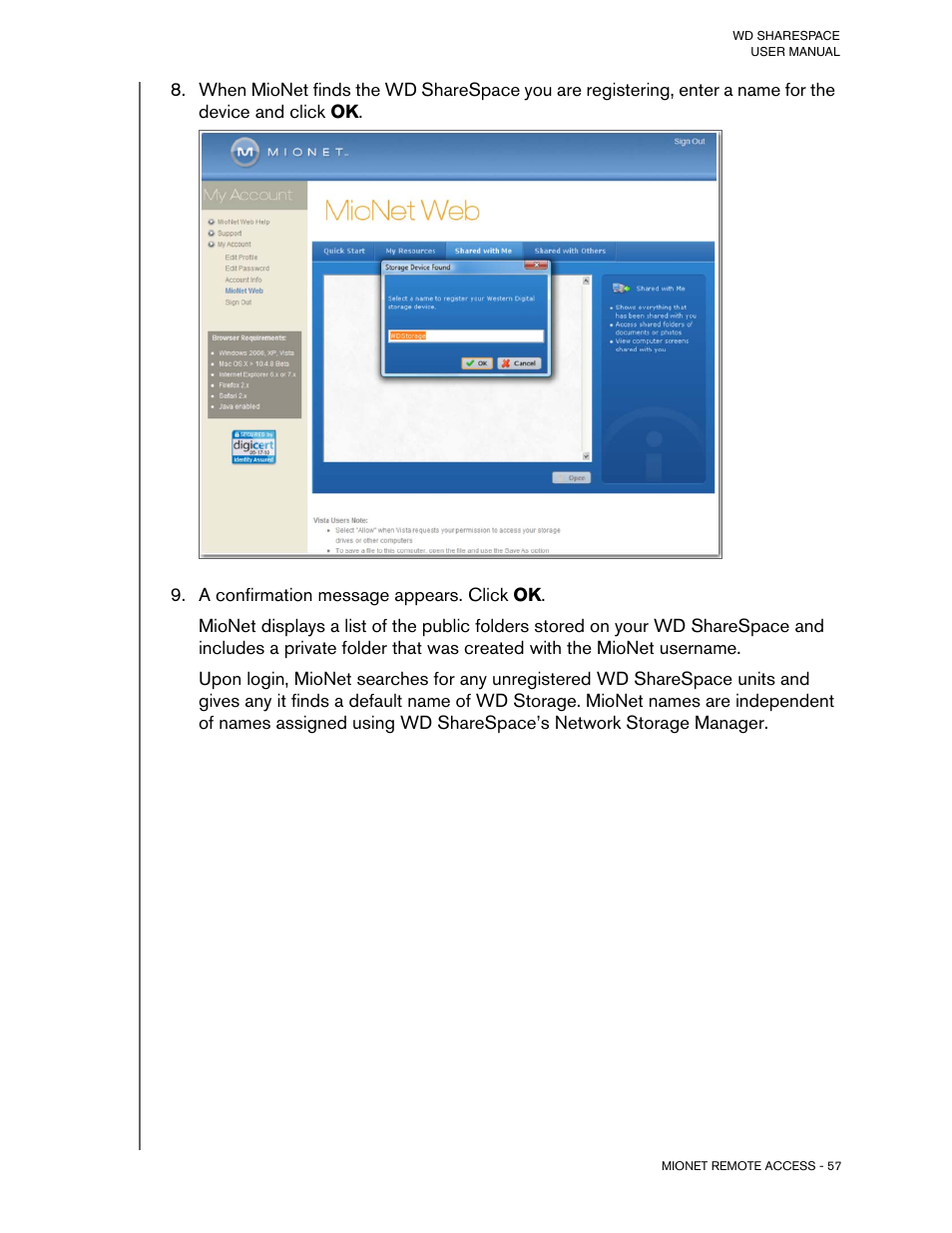 A confirmation message appears. click ok | Western Digital WD ShareSpace User Manual User Manual | Page 62 / 207