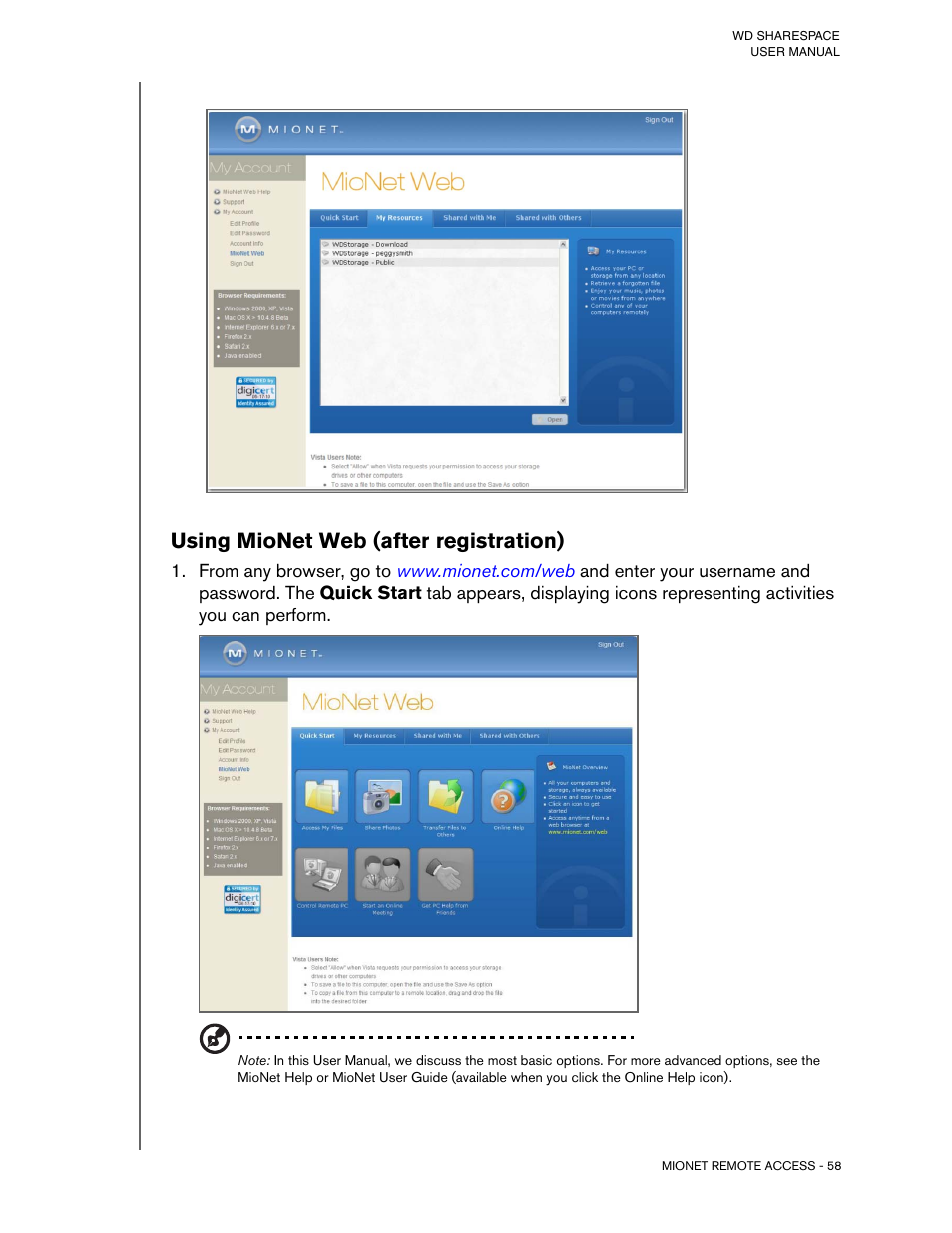 Using mionet web (after registration) | Western Digital WD ShareSpace User Manual User Manual | Page 63 / 207