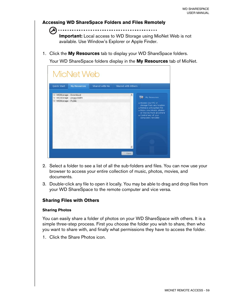 Accessing wd sharespace folders and files remotely, Sharing files with others, Click the share photos icon | Western Digital WD ShareSpace User Manual User Manual | Page 64 / 207