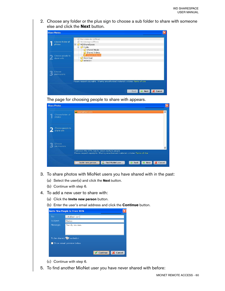A) select the user(s) and click the next button, To add a new user to share with, A) click the invite new person button | Western Digital WD ShareSpace User Manual User Manual | Page 65 / 207