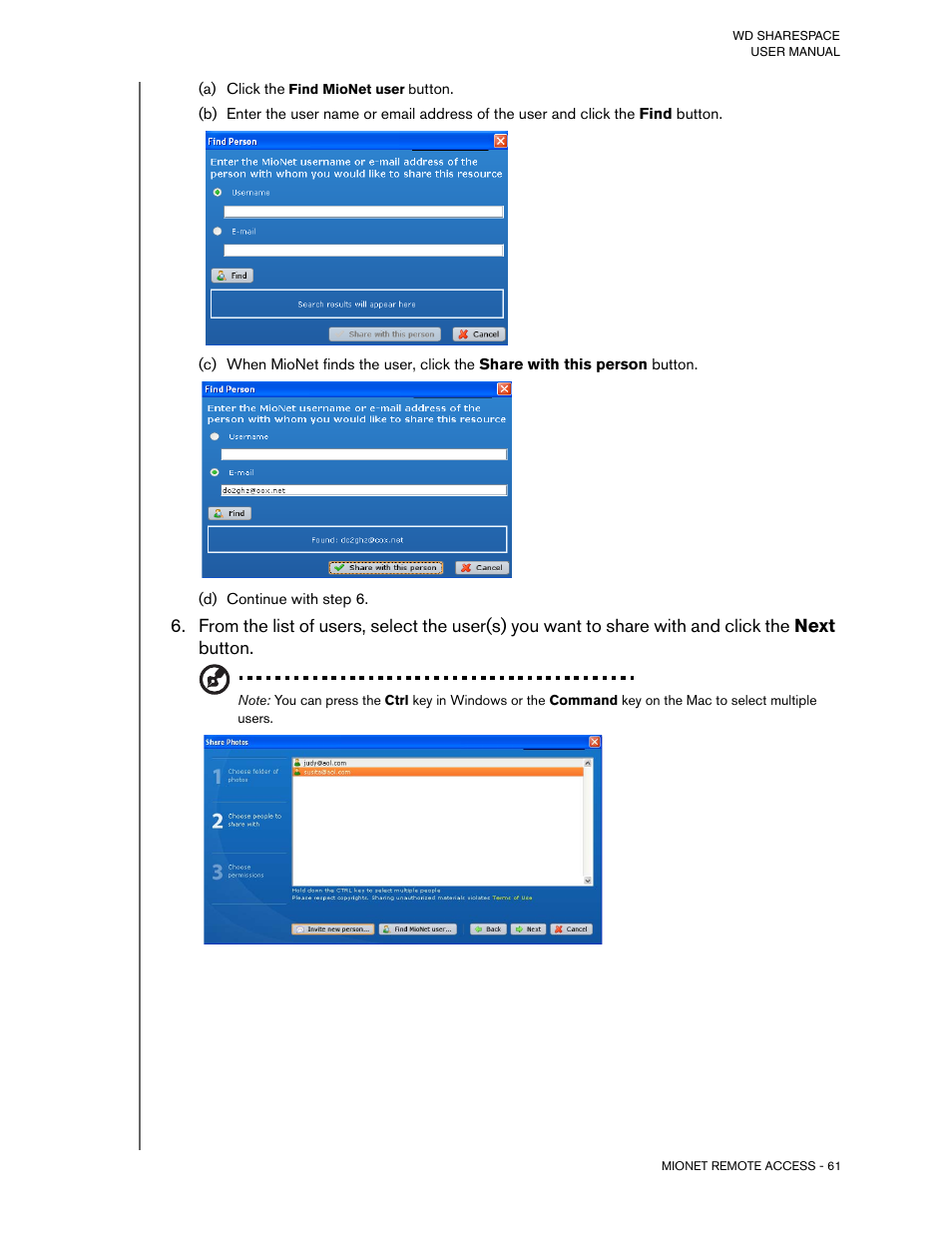 A) click the find mionet user button | Western Digital WD ShareSpace User Manual User Manual | Page 66 / 207