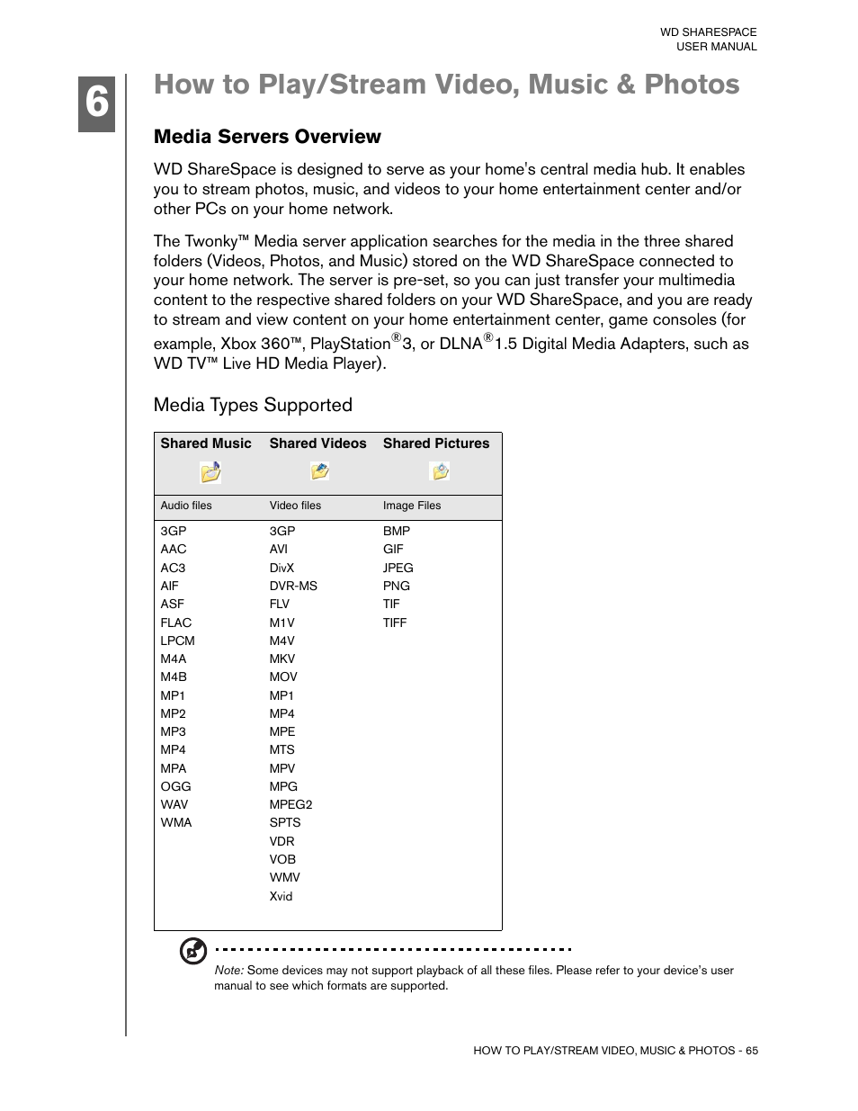 How to play/stream video, music & photos, Media servers overview, Media types supported | Western Digital WD ShareSpace User Manual User Manual | Page 70 / 207