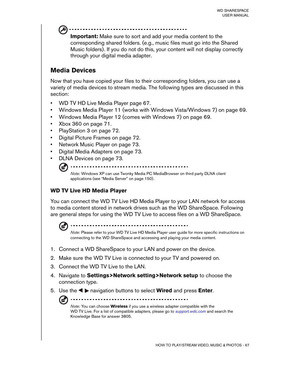 Media devices, Wd tv live hd media player, Connect the wd tv live to the lan | Western Digital WD ShareSpace User Manual User Manual | Page 72 / 207