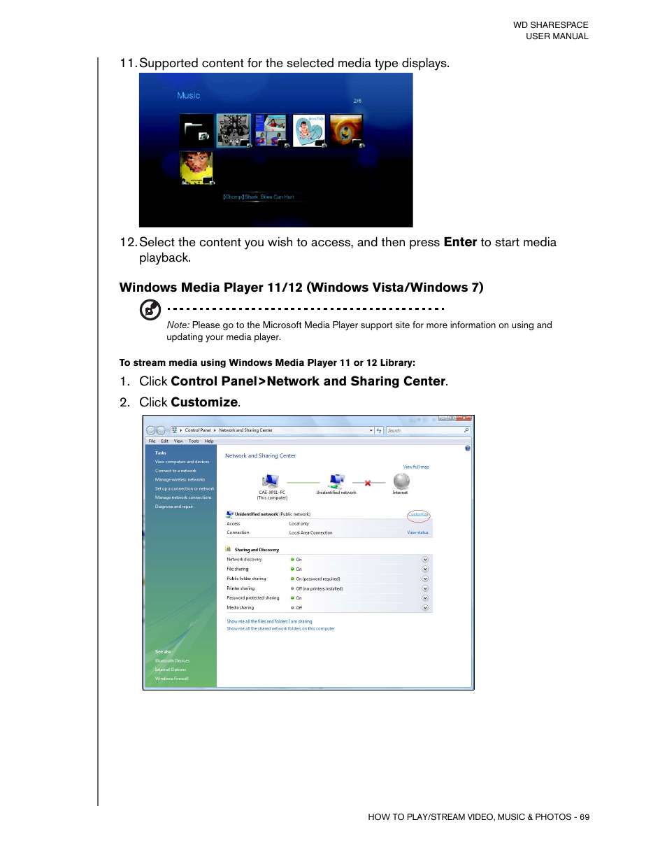 Click control panel>network and sharing center, Click customize | Western Digital WD ShareSpace User Manual User Manual | Page 74 / 207