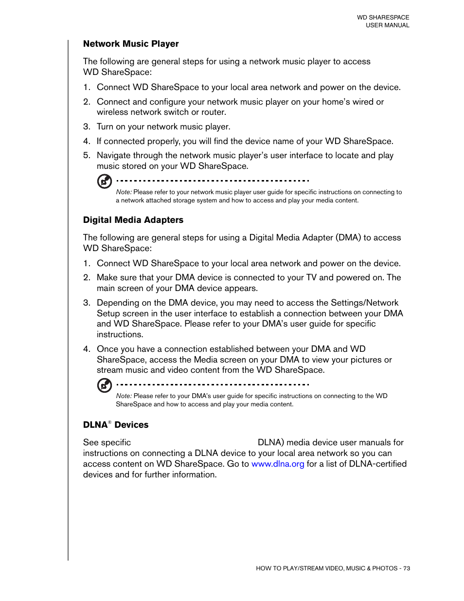 Network music player, Turn on your network music player, Digital media adapters | Dlna® devices | Western Digital WD ShareSpace User Manual User Manual | Page 78 / 207