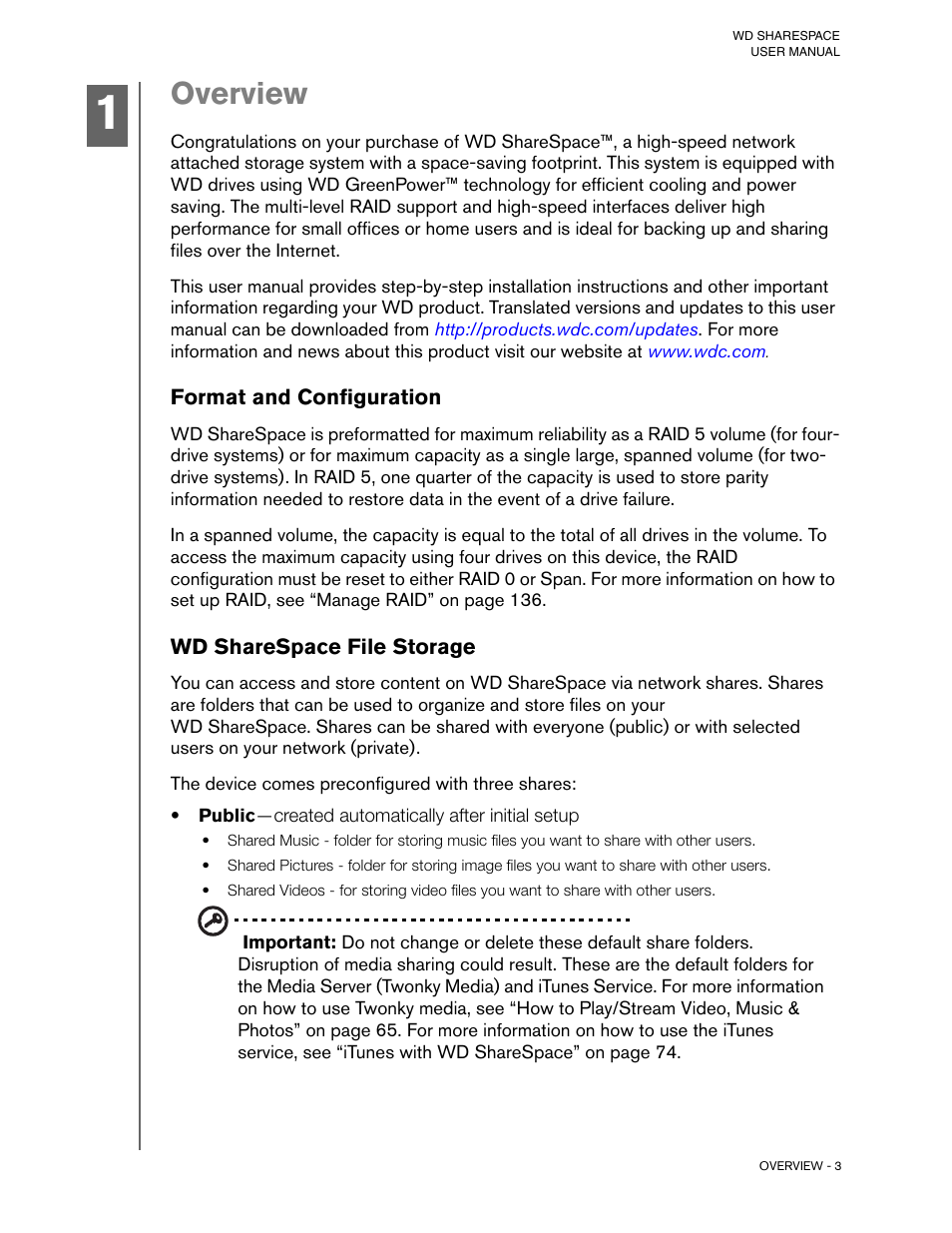 Overview, Format and configuration, Wd sharespace file storage | Western Digital WD ShareSpace User Manual User Manual | Page 8 / 207