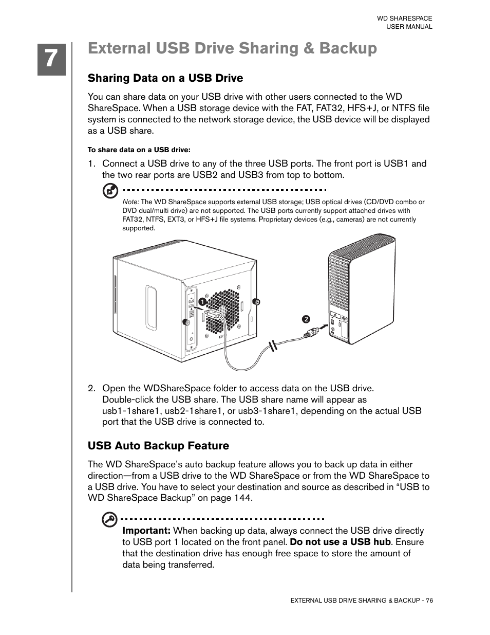 External usb drive sharing & backup, Sharing data on a usb drive, To share data on a usb drive | Usb auto backup feature | Western Digital WD ShareSpace User Manual User Manual | Page 81 / 207