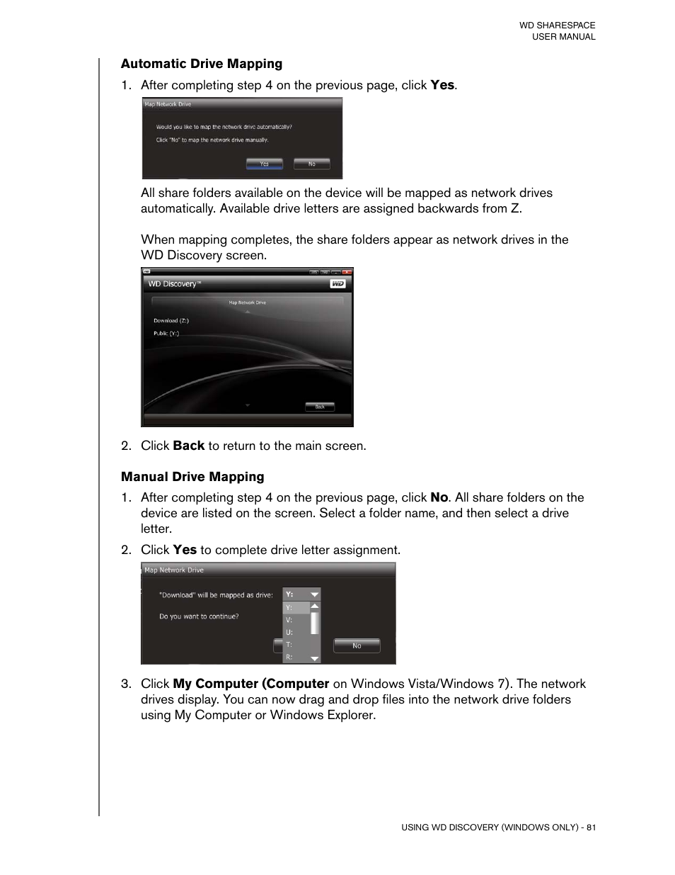 Click back to return to the main screen, Click yes to complete drive letter assignment | Western Digital WD ShareSpace User Manual User Manual | Page 86 / 207