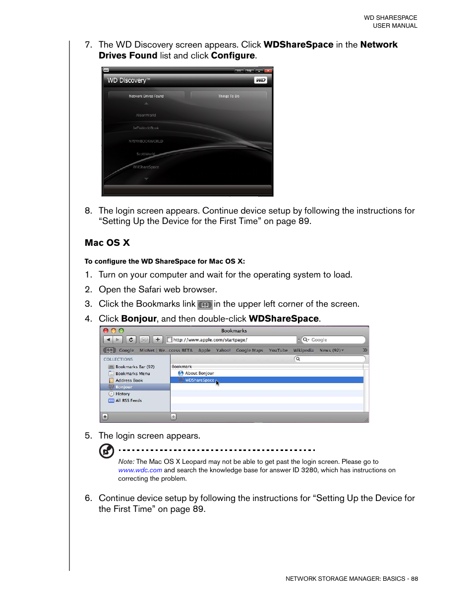 Mac os x, To configure the wd sharespace for mac os x, Open the safari web browser | Click bonjour, and then double-click wdsharespace, The login screen appears | Western Digital WD ShareSpace User Manual User Manual | Page 93 / 207