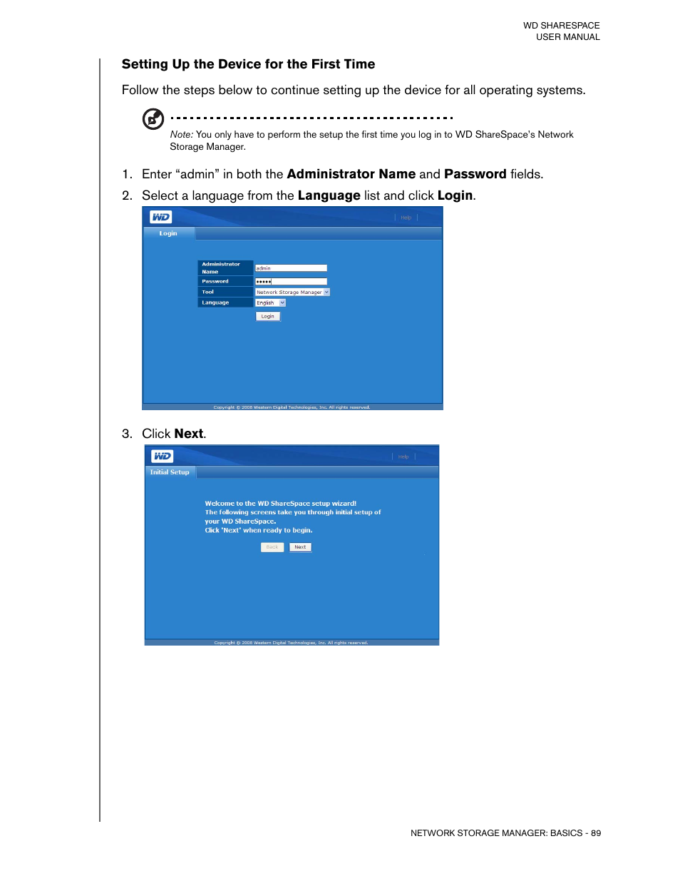 Setting up the device for the first time, Click next | Western Digital WD ShareSpace User Manual User Manual | Page 94 / 207