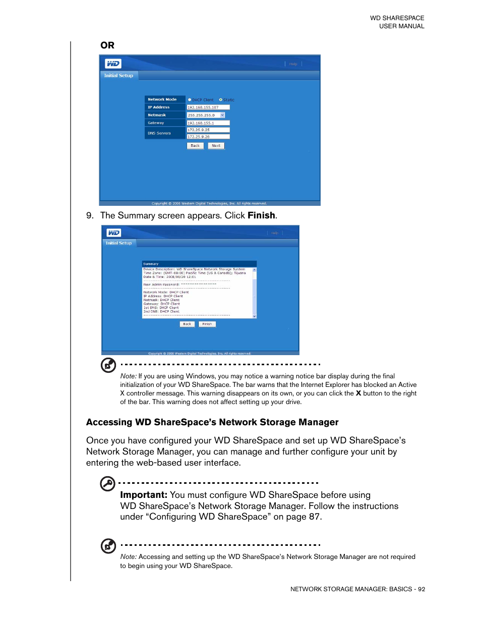 The summary screen appears. click finish, Accessing wd sharespace’s network storage manager | Western Digital WD ShareSpace User Manual User Manual | Page 97 / 207