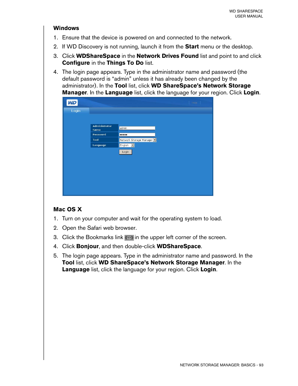 Windows, Mac os x, Open the safari web browser | Click bonjour, and then double-click wdsharespace | Western Digital WD ShareSpace User Manual User Manual | Page 98 / 207