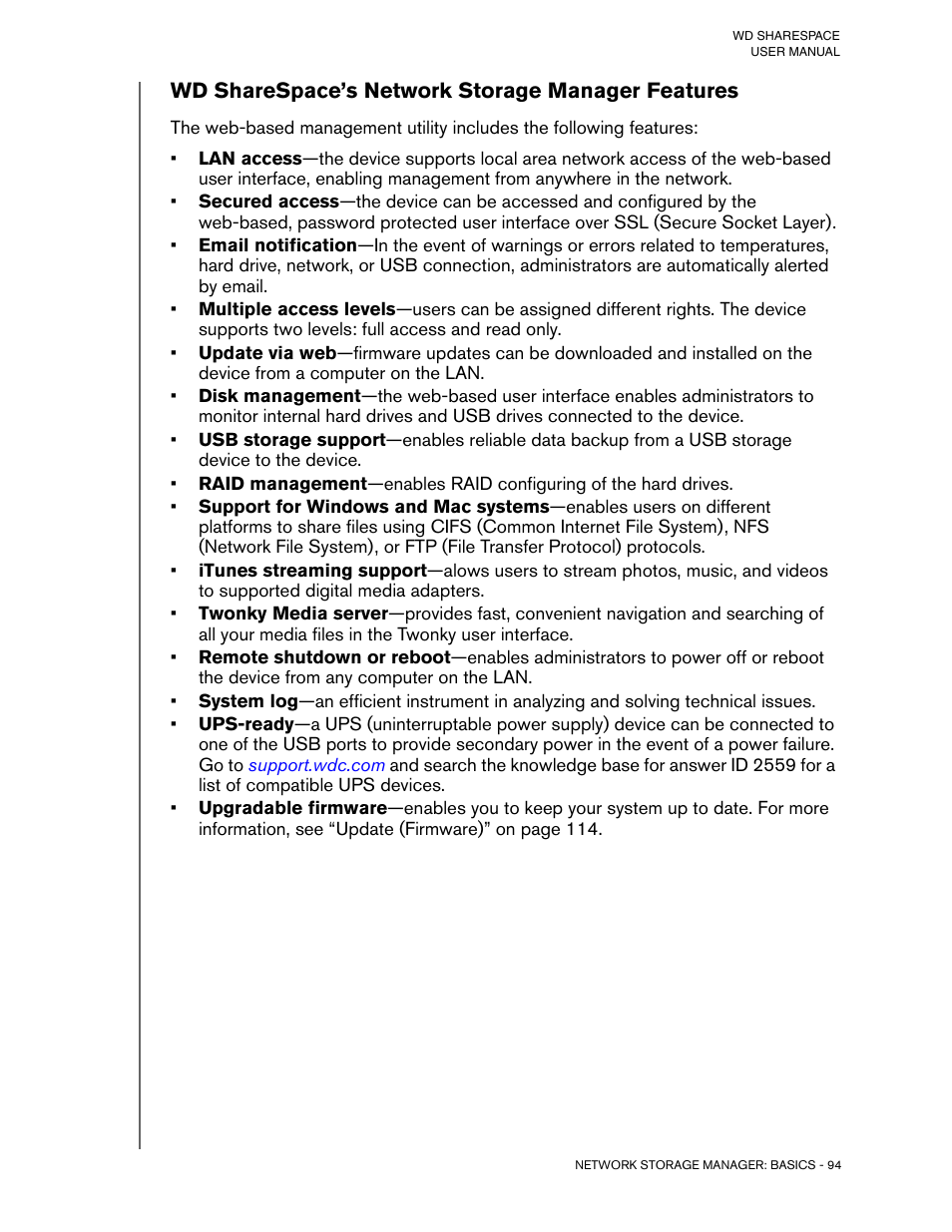 Wd sharespace’s network storage manager features | Western Digital WD ShareSpace User Manual User Manual | Page 99 / 207