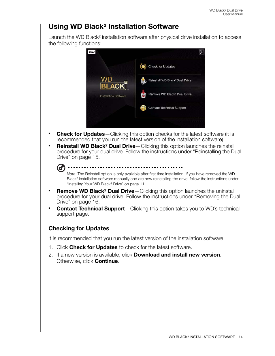 Using wd black² installation software, Checking for updates | Western Digital WD Black2 Dual Drive User Manual User Manual | Page 16 / 24