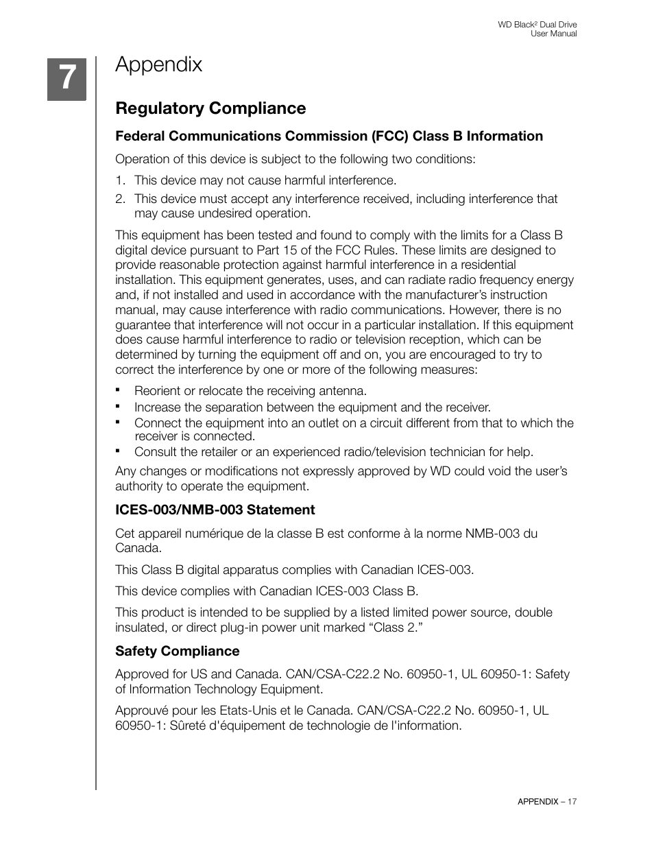 Appendix, Regulatory compliance, Ices-003/nmb-003 statement | Safety compliance | Western Digital WD Black2 Dual Drive User Manual User Manual | Page 19 / 24