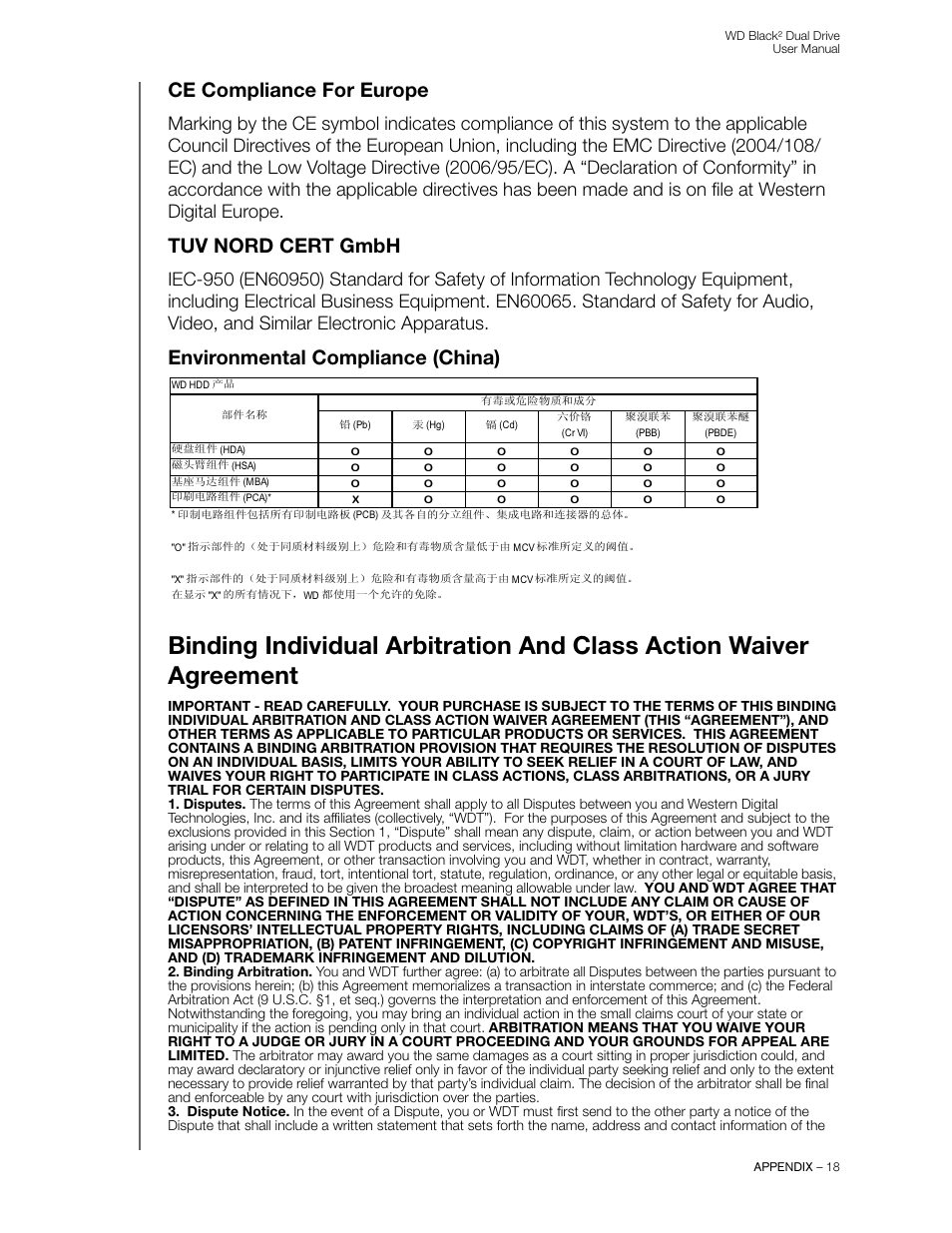 Ce compliance for europe, Tuv nord cert gmbh, Environmental compliance (china) | Western Digital WD Black2 Dual Drive User Manual User Manual | Page 20 / 24