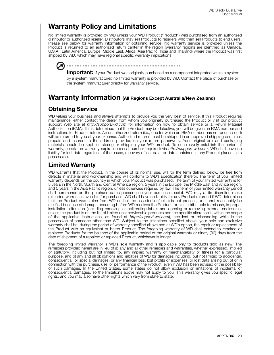 Warranty policy and limitations, Obtaining service, Limited warranty | Warranty information | Western Digital WD Black2 Dual Drive User Manual User Manual | Page 22 / 24